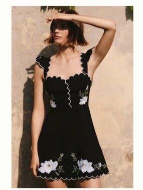 Anthropologie Black Mini Dress with White Floral Embroidery